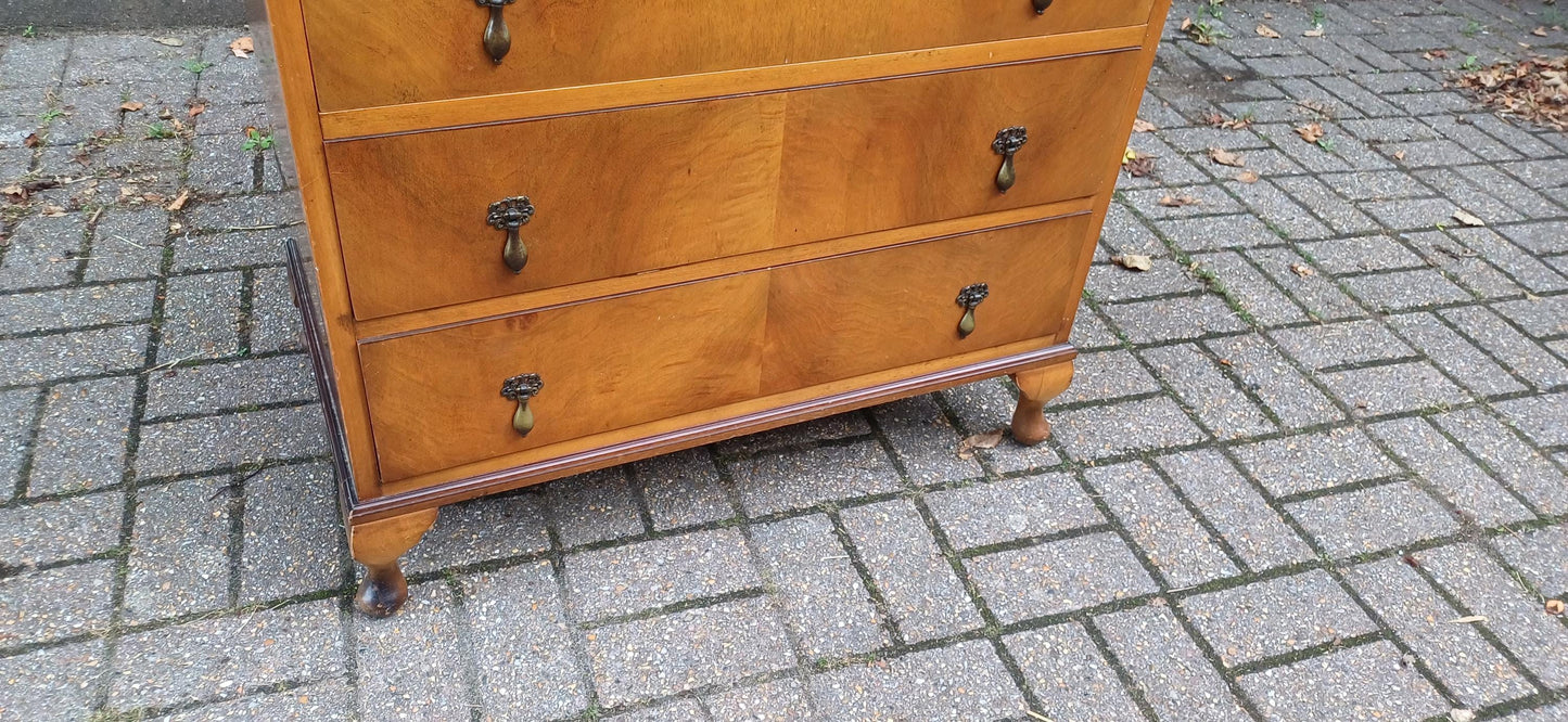 Vintage Georgian Style Burr Walnut Veneer Chest of Drawers on Cabriole Legs 20th Century Tallboy with Serpentine Front FREE HAND Delivery