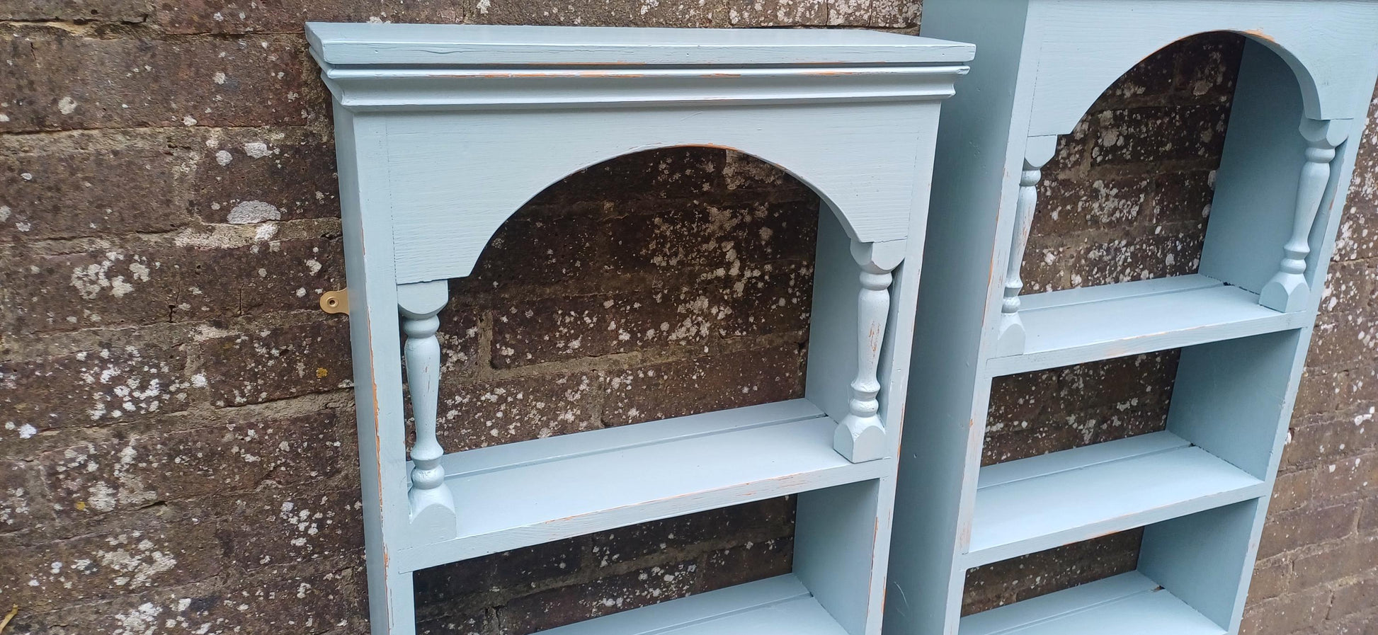 Pair of Vintage Rustic Painted Wall Shelves Distressed Blue Wooden Display Racks Country Cottage Kitchen Storage French Farmhouse Style
