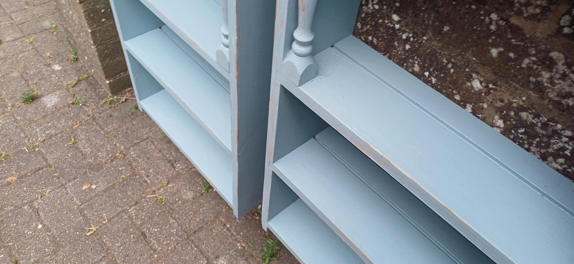 Pair of Vintage Rustic Painted Wall Shelves Distressed Blue Wooden Display Racks Country Cottage Kitchen Storage French Farmhouse Style
