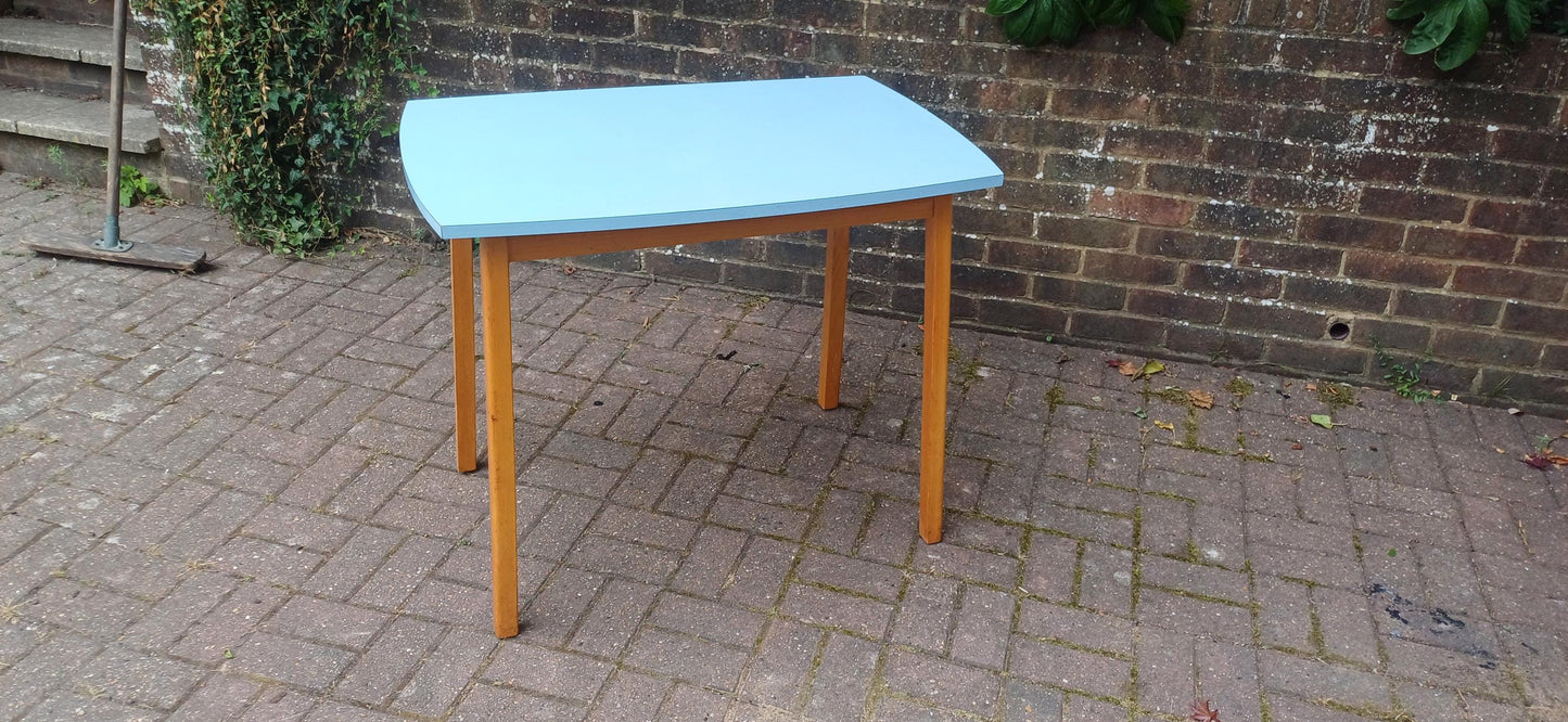 Vintage Mid Century Formica Kitchen Table Blue Retro Dining Table Wooden Legs 1950s 1960s Atomic Era Style Compact Dining Desk