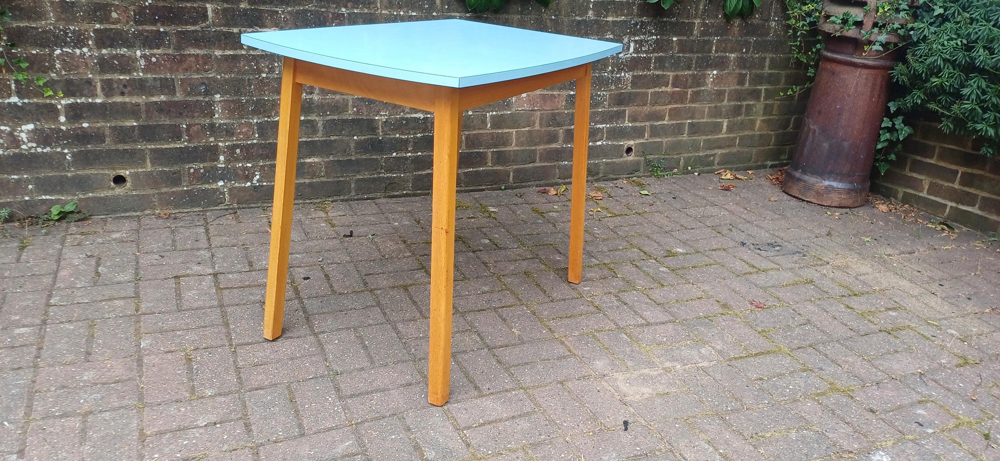 Vintage Mid Century Formica Kitchen Table Blue Retro Dining Table Wooden Legs 1950s 1960s Atomic Era Style Compact Dining Desk