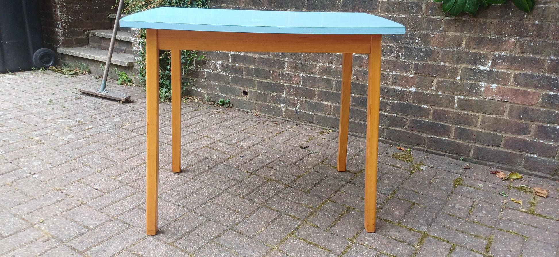 Vintage Mid Century Formica Kitchen Table Blue Retro Dining Table Wooden Legs 1950s 1960s Atomic Era Style Compact Dining Desk