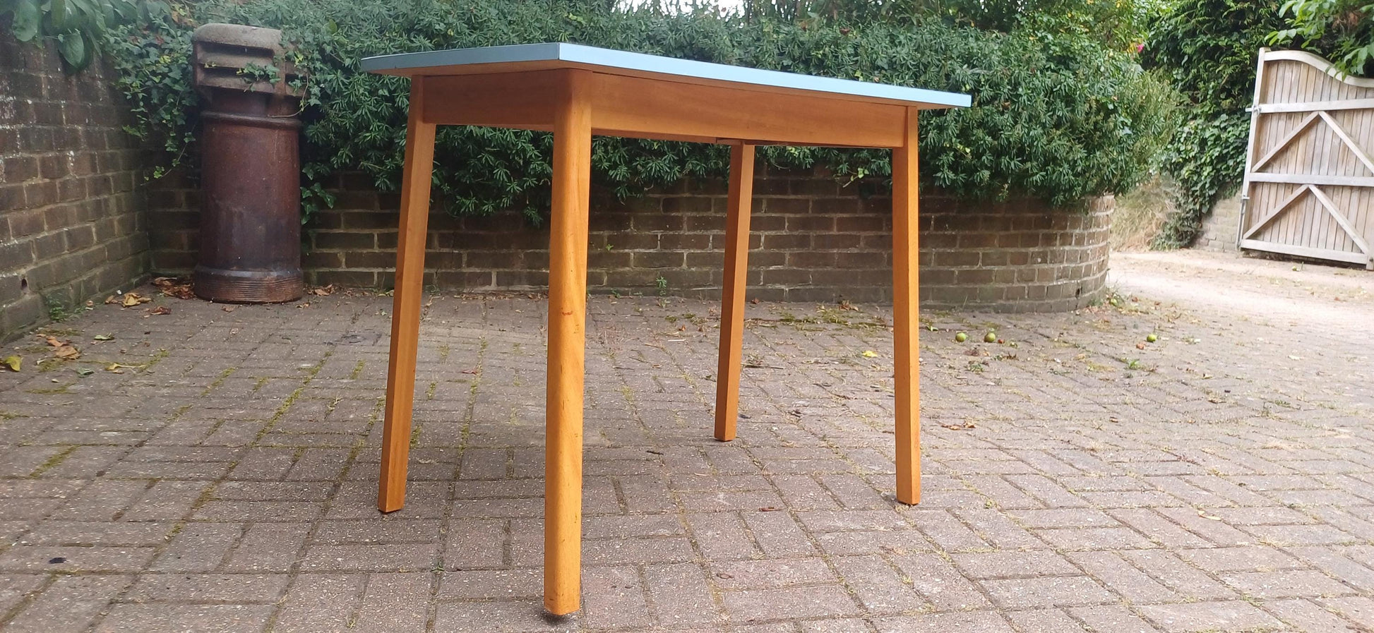 Vintage Mid Century Formica Kitchen Table Blue Retro Dining Table Wooden Legs 1950s 1960s Atomic Era Style Compact Dining Desk