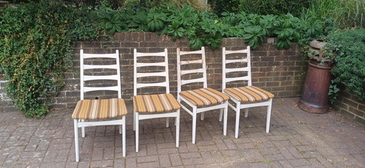 Vintage Retro 70s White Beech Dining Chairs Set of 4 Striped Original Upholstery Kitchen Chairs Made in East Germany GDR FREE HAND Delivery