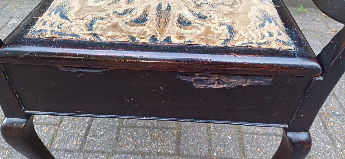Antique Mahogany Piano Stool with Bohemian Distressed Fabric Top Vintage Storage Seat Quirky Imperfect Tatty Upholstered Bench Shabby Chic