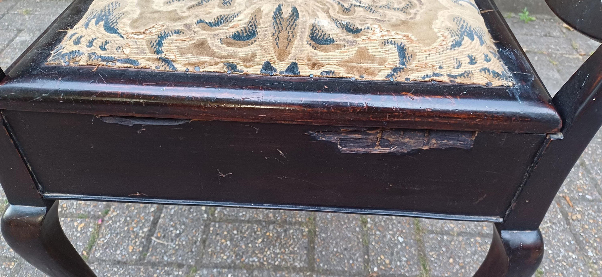 Antique Mahogany Piano Stool with Bohemian Distressed Fabric Top Vintage Storage Seat Quirky Imperfect Tatty Upholstered Bench Shabby Chic