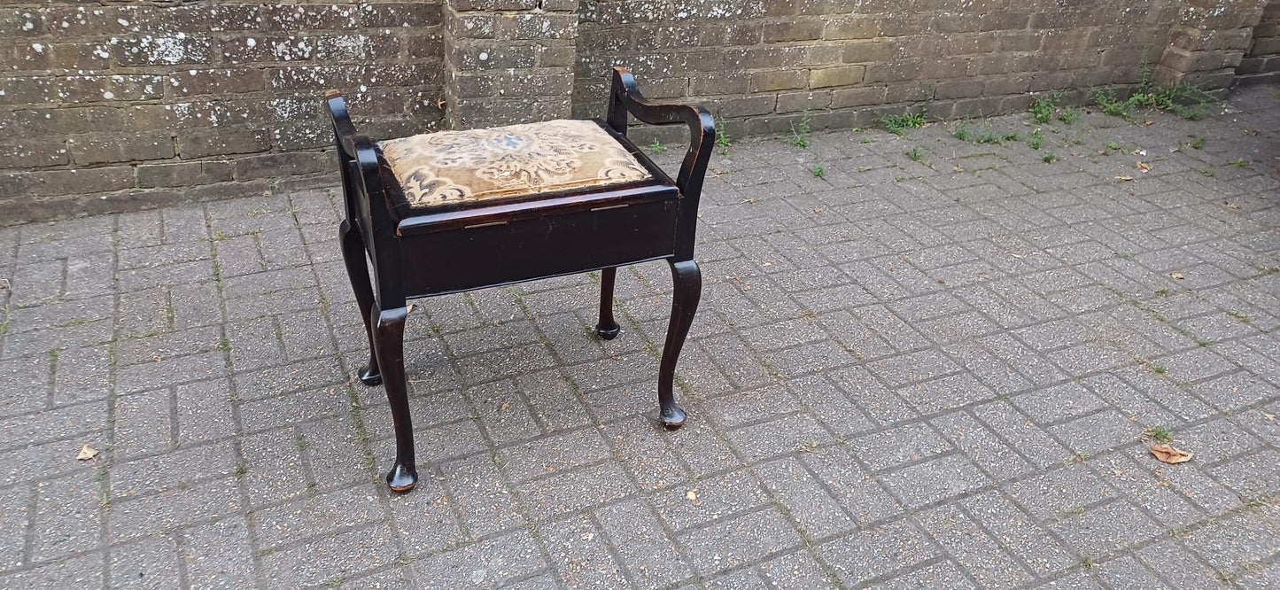 Antique Mahogany Piano Stool with Bohemian Distressed Fabric Top Vintage Storage Seat Quirky Imperfect Tatty Upholstered Bench Shabby Chic