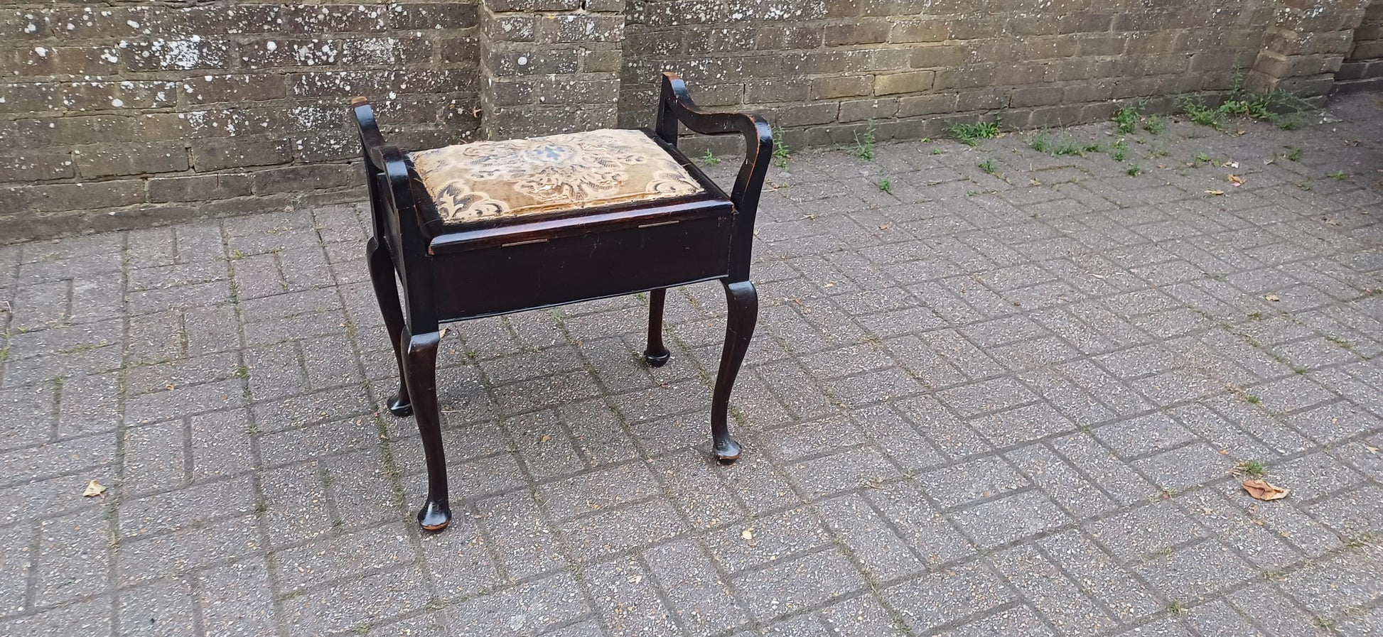 Antique Mahogany Piano Stool with Bohemian Distressed Fabric Top Vintage Storage Seat Quirky Imperfect Tatty Upholstered Bench Shabby Chic