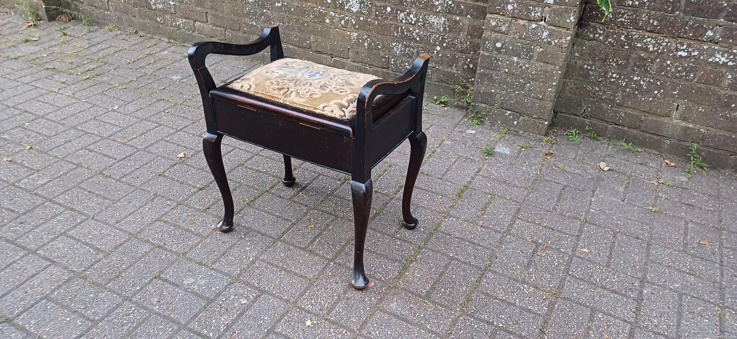 Antique Mahogany Piano Stool with Bohemian Distressed Fabric Top Vintage Storage Seat Quirky Imperfect Tatty Upholstered Bench Shabby Chic