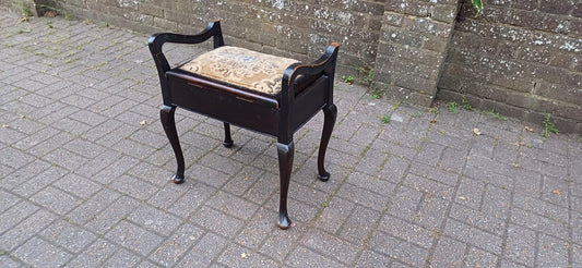 Antique Mahogany Piano Stool with Bohemian Distressed Fabric Top Vintage Storage Seat Quirky Imperfect Tatty Upholstered Bench Shabby Chic