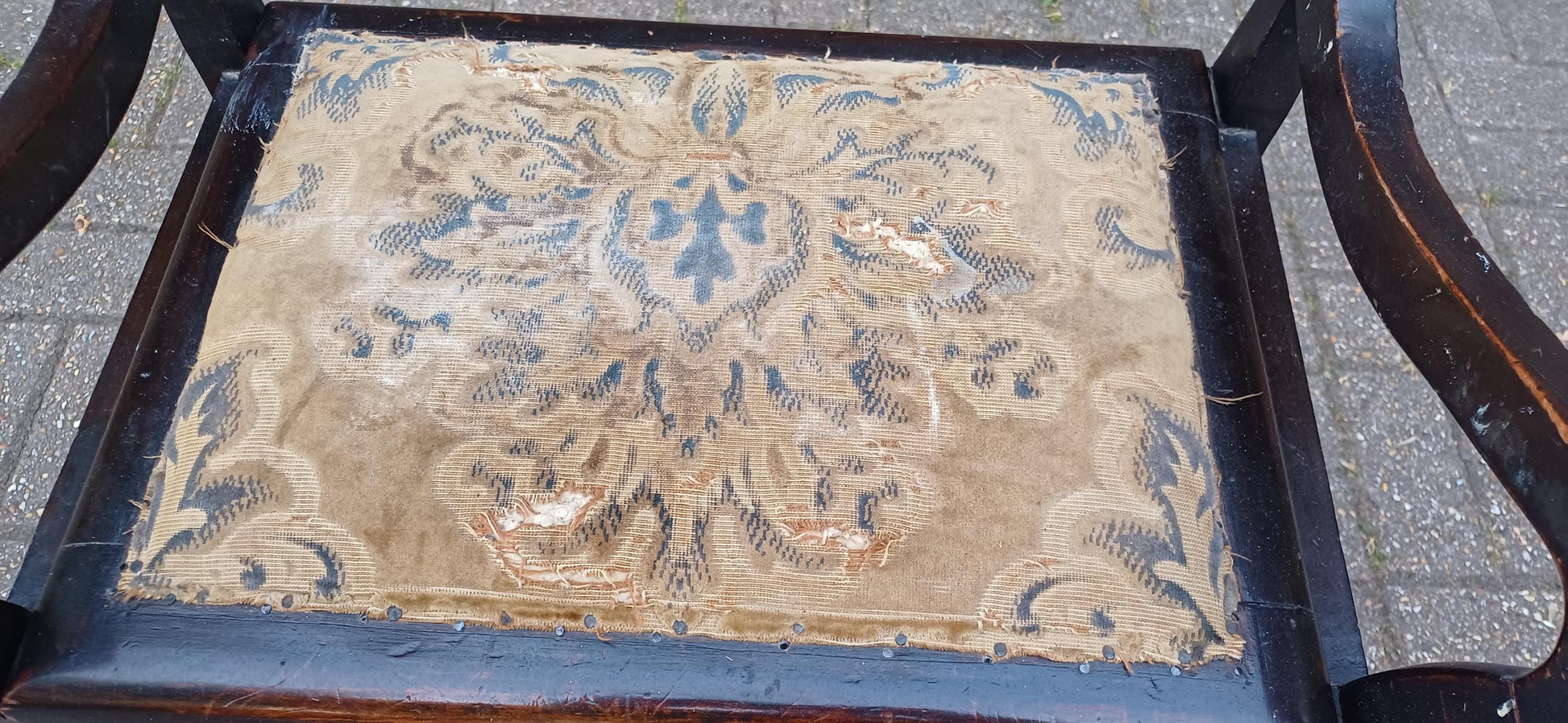Antique Mahogany Piano Stool with Bohemian Distressed Fabric Top Vintage Storage Seat Quirky Imperfect Tatty Upholstered Bench Shabby Chic