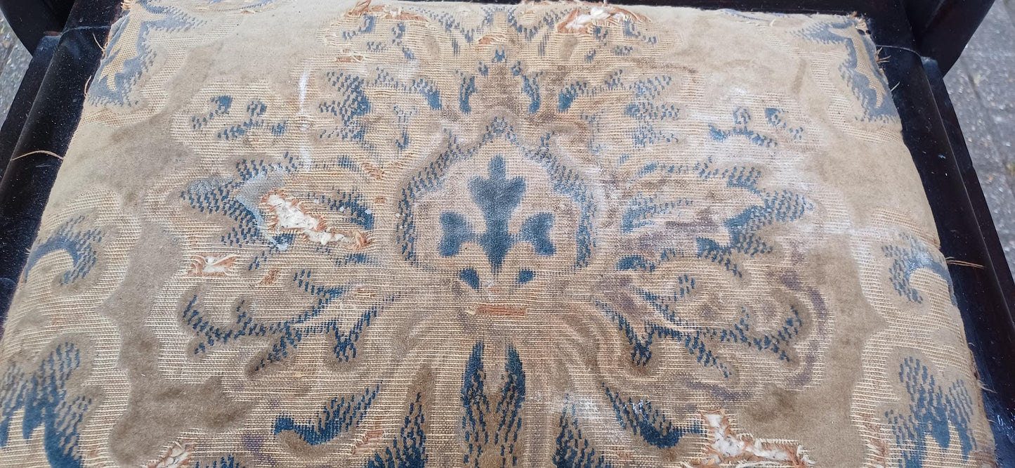 Antique Mahogany Piano Stool with Bohemian Distressed Fabric Top Vintage Storage Seat Quirky Imperfect Tatty Upholstered Bench Shabby Chic