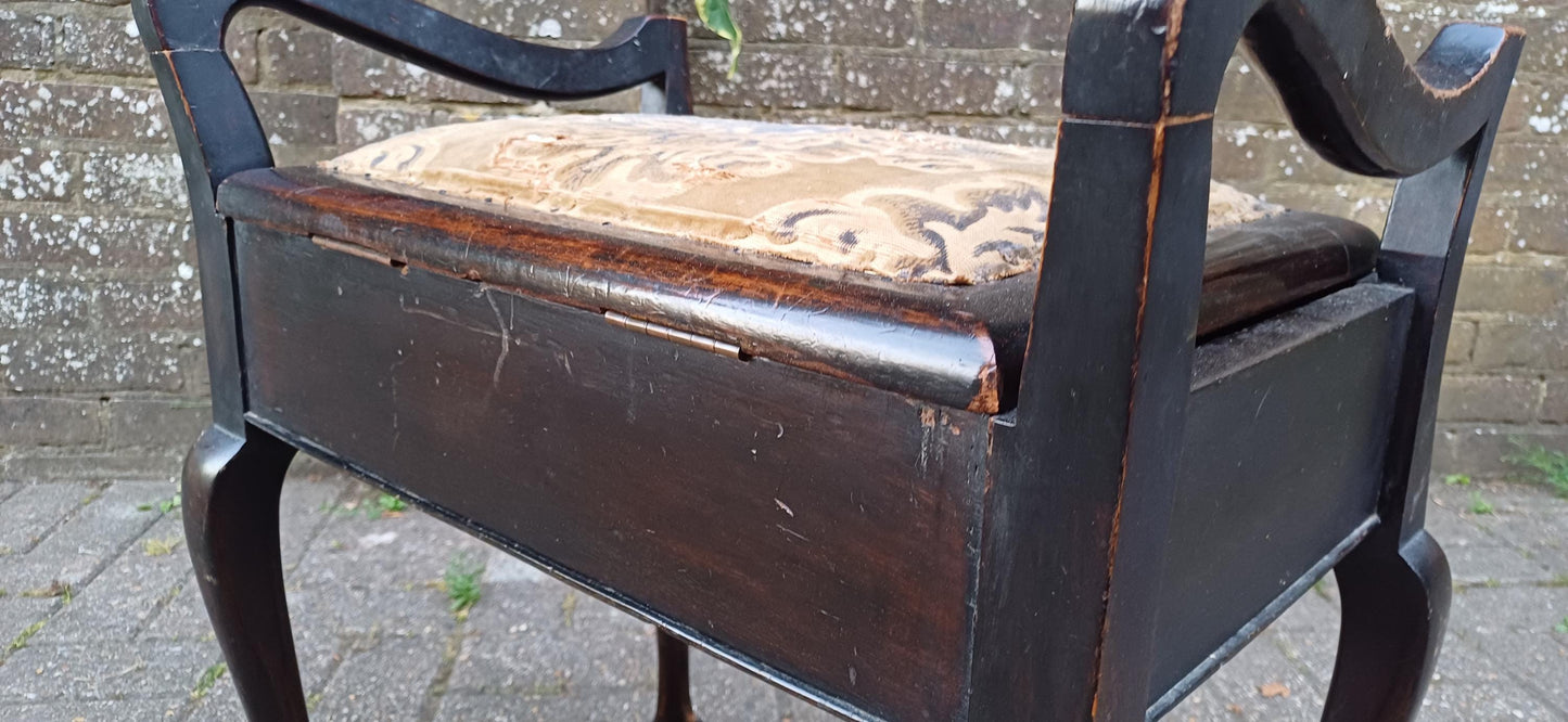 Antique Mahogany Piano Stool with Bohemian Distressed Fabric Top Vintage Storage Seat Quirky Imperfect Tatty Upholstered Bench Shabby Chic