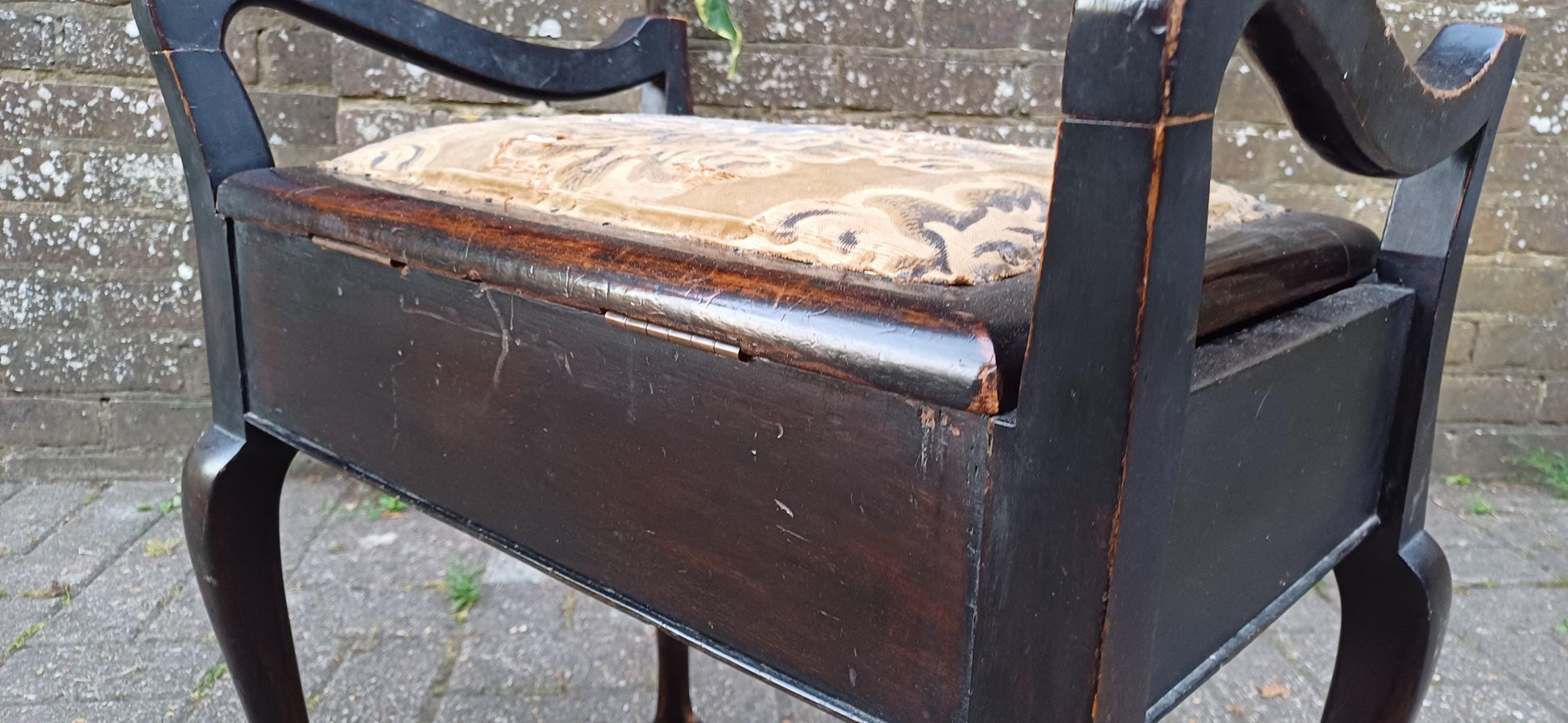 Antique Mahogany Piano Stool with Bohemian Distressed Fabric Top Vintage Storage Seat Quirky Imperfect Tatty Upholstered Bench Shabby Chic