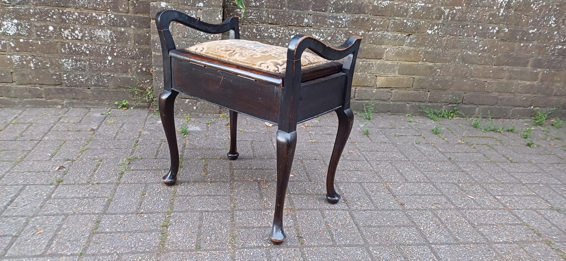 Antique Mahogany Piano Stool with Bohemian Distressed Fabric Top Vintage Storage Seat Quirky Imperfect Tatty Upholstered Bench Shabby Chic