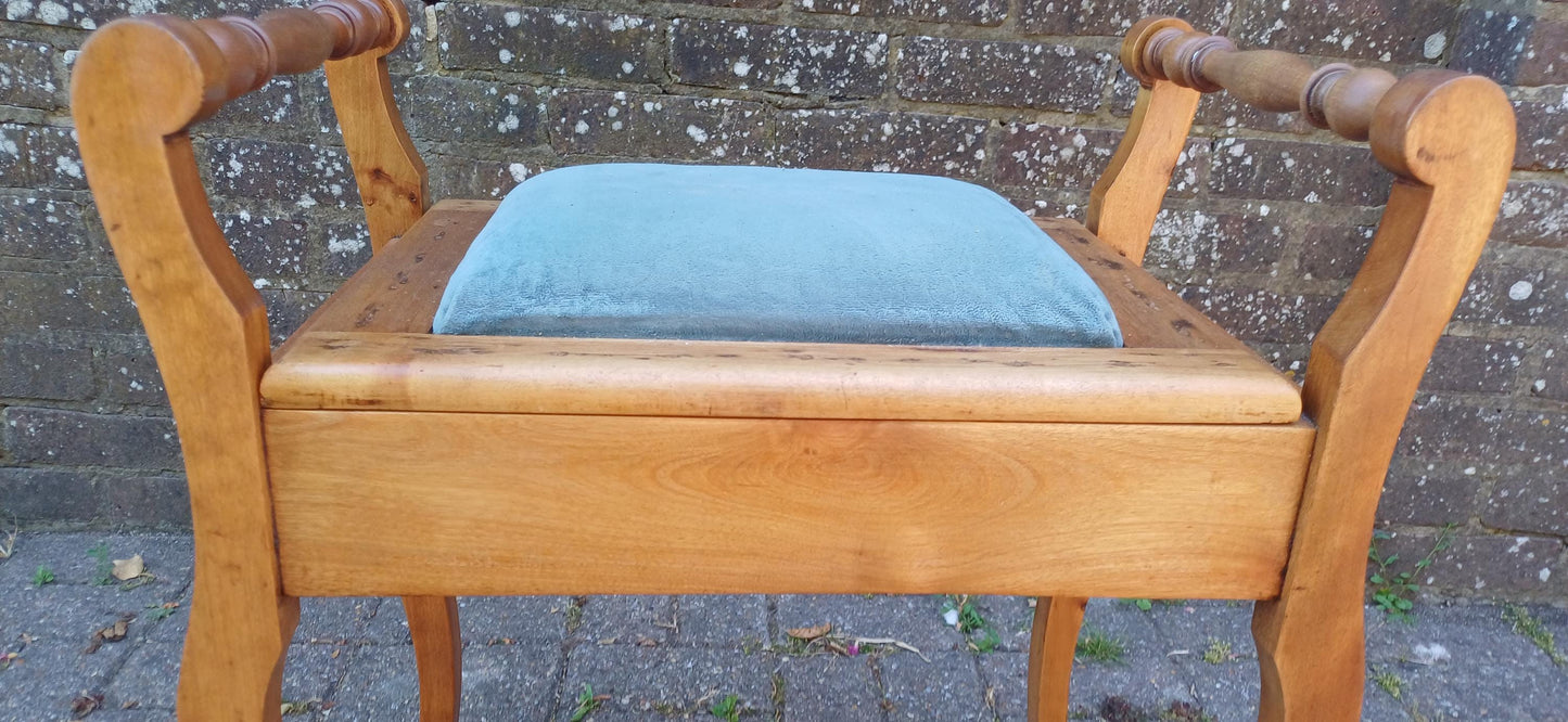Vintage Mahogany Upholstered Piano Stool Dressing Table Stool Blue Suede Seat Storage Antique Hall Seat Hand Stripped Unique Vanity Seating