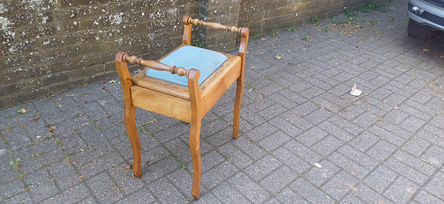 Vintage Mahogany Upholstered Piano Stool Dressing Table Stool Blue Suede Seat Storage Antique Hall Seat Hand Stripped Unique Vanity Seating