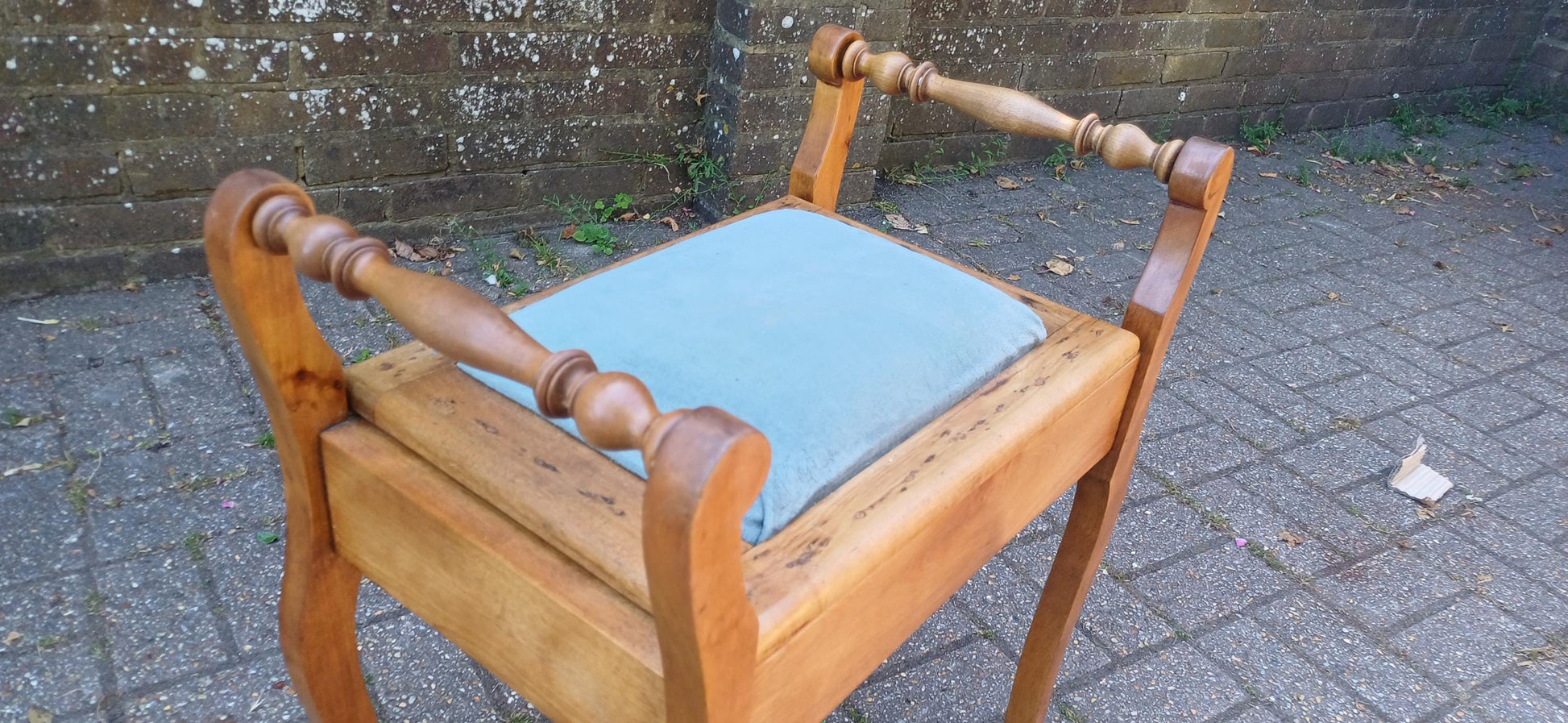 Vintage Mahogany Upholstered Piano Stool Dressing Table Stool Blue Suede Seat Storage Antique Hall Seat Hand Stripped Unique Vanity Seating