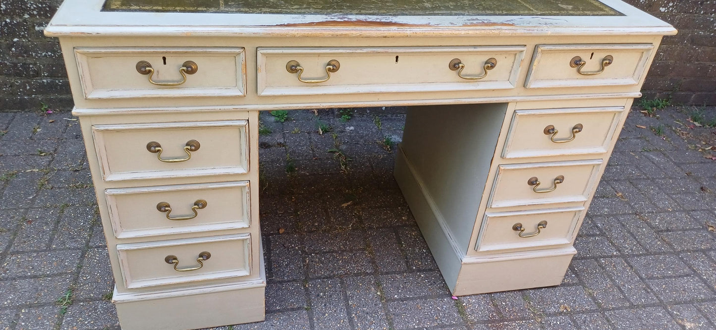 Vintage Painted Pedestal Desk with Green Leather Top Shabby Chic Distressed Home Office Furniture 9 Drawer Antique Style FREE HAND Delivery