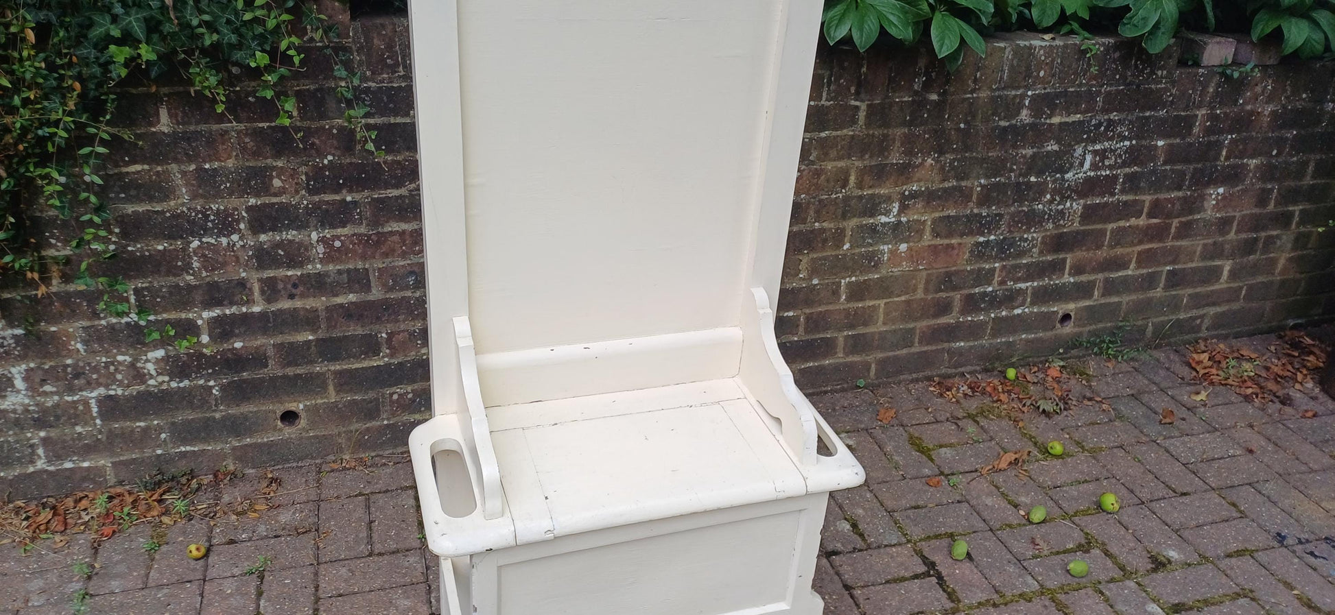 Vintage Painted Oak Hall Stand with Mirror, Storage Seat and Coat Hooks – Shabby Chic Cream Entryway Bench c.1930s FREE HAND Delivery