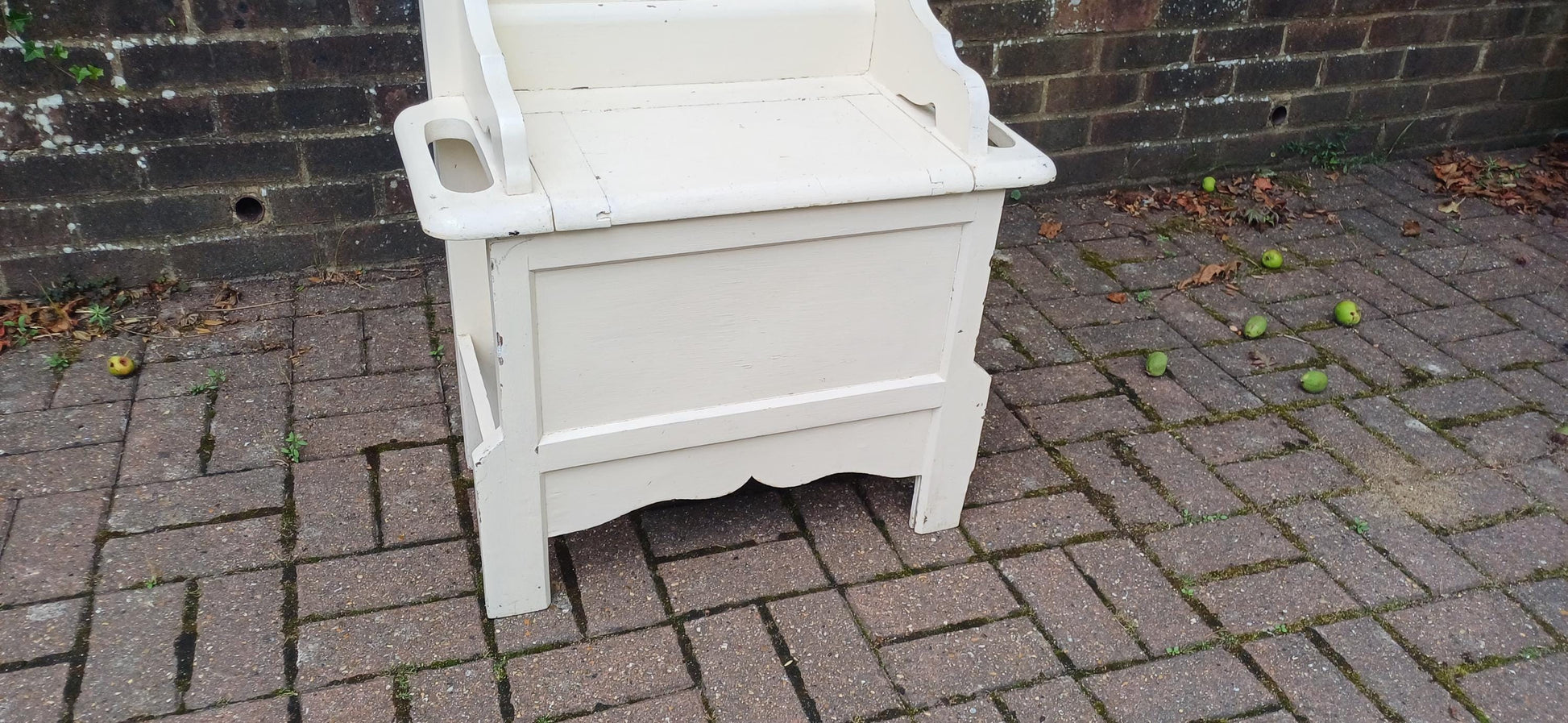 Vintage Painted Oak Hall Stand with Mirror, Storage Seat and Coat Hooks – Shabby Chic Cream Entryway Bench c.1930s FREE HAND Delivery
