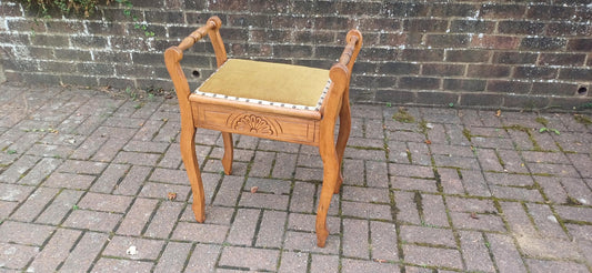 Antique Edwardian Carved Piano Stool – Lift-Up Seat Storage Stool with Green Velvet Upholstery, Arts & Crafts Vanity Bench circa 1910s