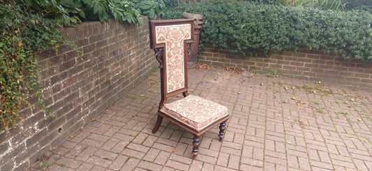 Antique Victorian Aesthetic Movement Nursing Chair with Ornate Carved Scrolls & T-Shaped Upholstered Back c1870s Mahogany FREE HAND Delivery