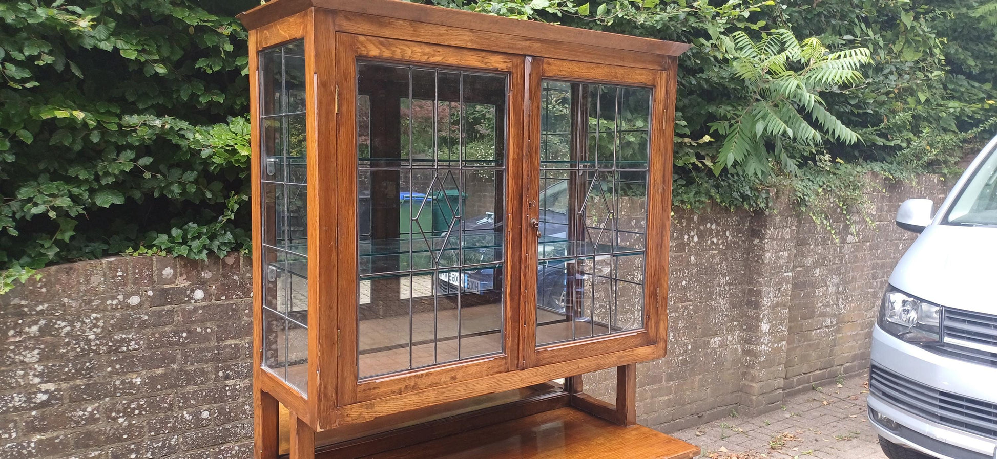 Massive Antique Arts & Crafts Oak Display Cabinet Leaded Glass Bookcase with Mirrored Back Glass Shelves Shopfitting FREE HAND Delivery