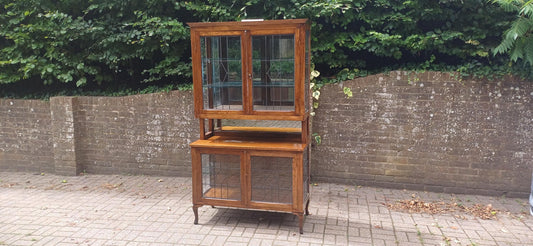 Massive Antique Arts & Crafts Oak Display Cabinet Leaded Glass Bookcase with Mirrored Back Glass Shelves Shopfitting FREE HAND Delivery