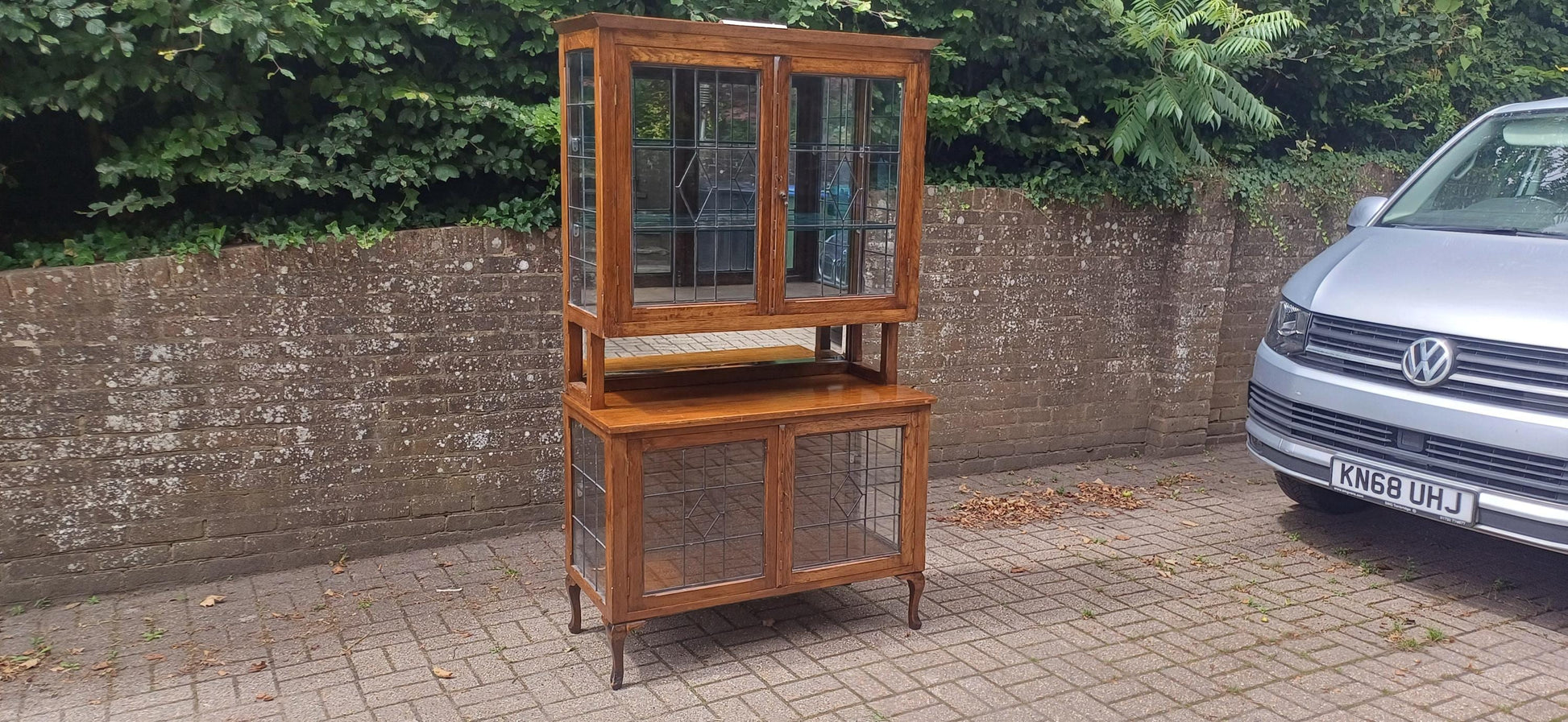 Massive Antique Arts & Crafts Oak Display Cabinet Leaded Glass Bookcase with Mirrored Back Glass Shelves Shopfitting FREE HAND Delivery