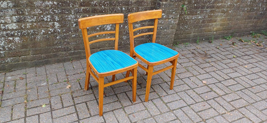 Pair of Vintage Retro Kitchen Chairs Classic 50s or 60s Utility Style Quirky Blue Seats Kitchen Dining Room Solid Beech