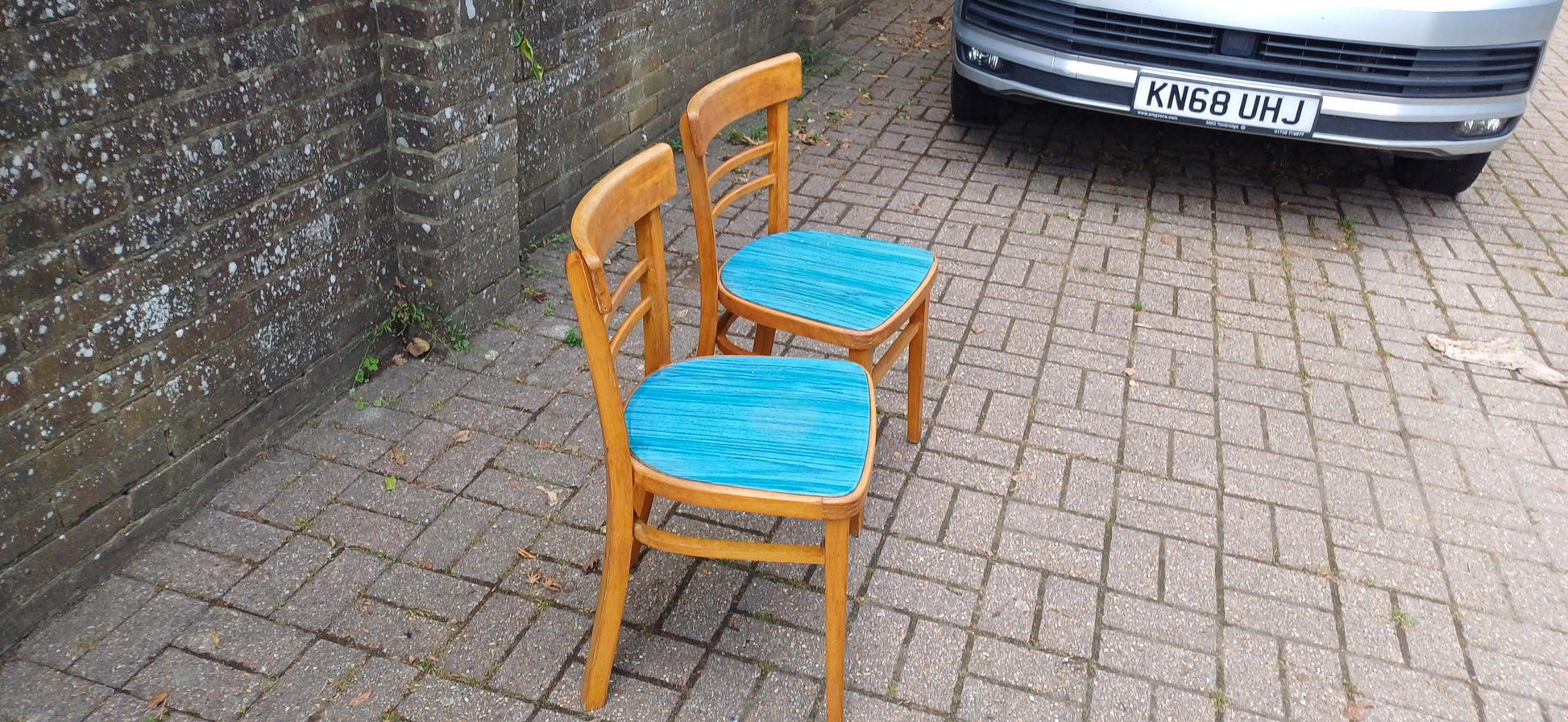 Pair of Vintage Retro Kitchen Chairs Classic 50s or 60s Utility Style Quirky Blue Seats Kitchen Dining Room Solid Beech