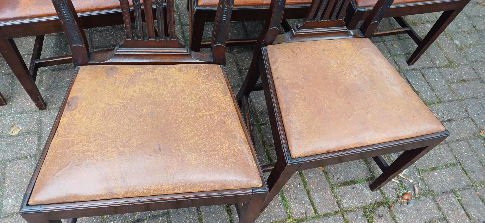 Set of 6 Antique Edwardian Dining Chairs Carved Backs and Original Leather Seats Mahogany c.1900 Arts & Crafts Revival FREE HAND Delivery