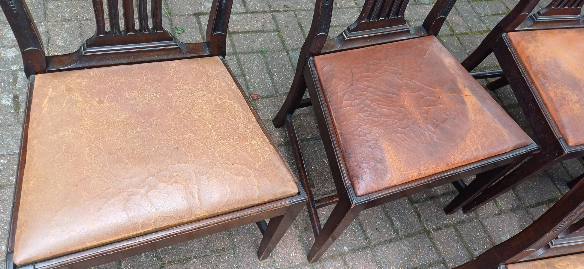 Set of 6 Antique Edwardian Dining Chairs Carved Backs and Original Leather Seats Mahogany c.1900 Arts & Crafts Revival FREE HAND Delivery