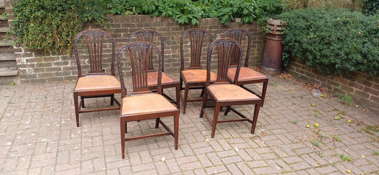 Set of 6 Antique Edwardian Dining Chairs Carved Backs and Original Leather Seats Mahogany c.1900 Arts & Crafts Revival FREE HAND Delivery