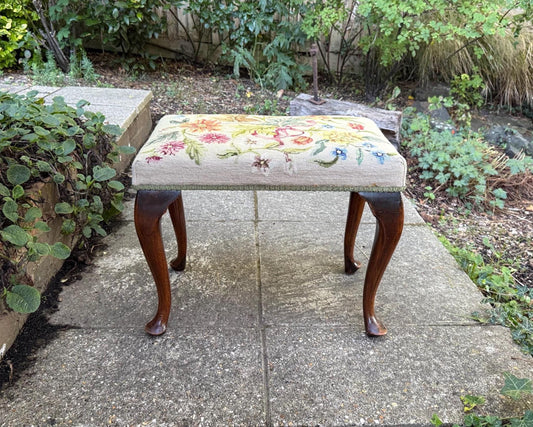 antique early 20th century cabriole leg wooden stool with needlepoint seat. sturd wooden stool with embroidered tapestry top. excellent condition