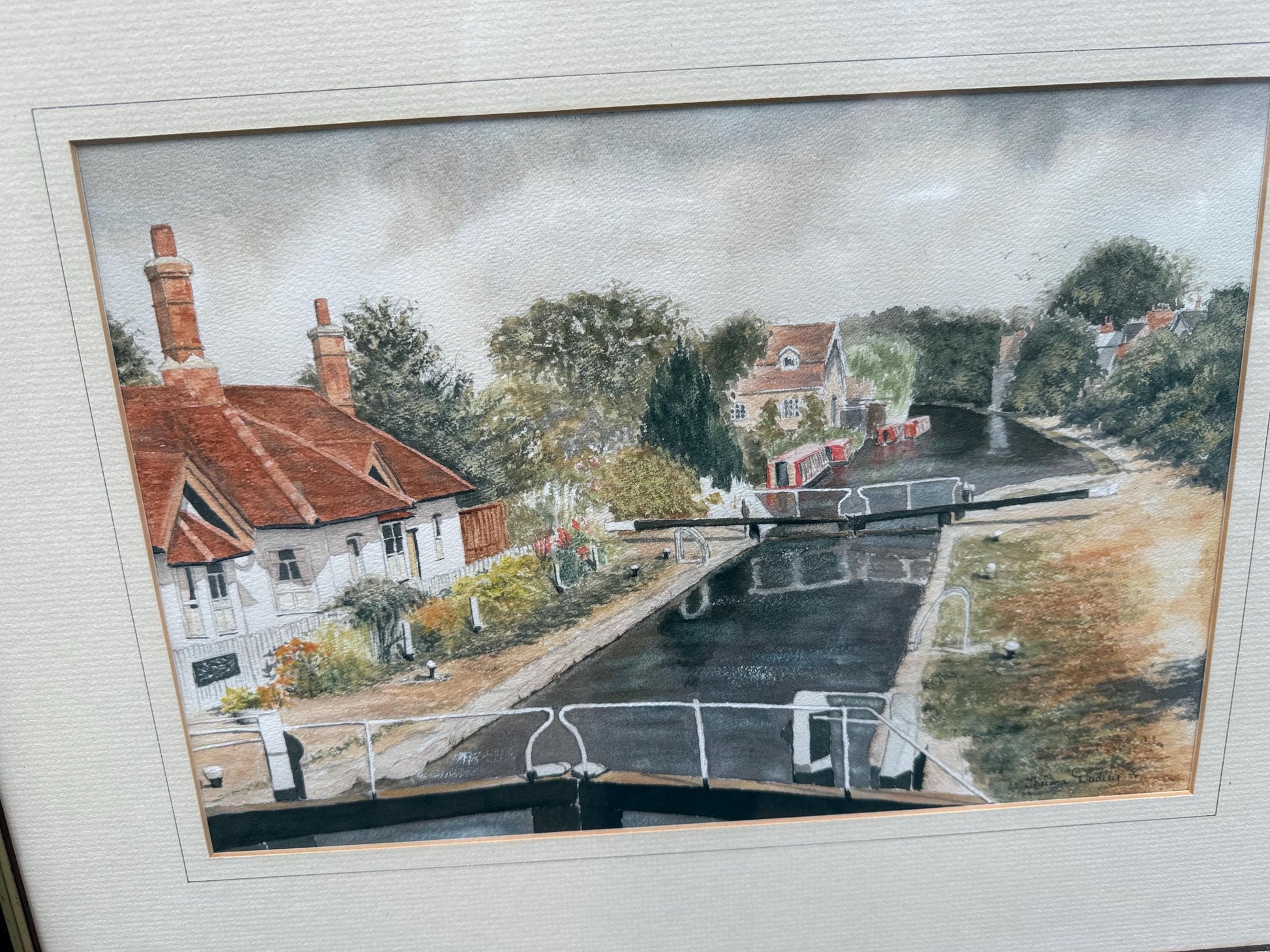 Framed Canal Lock Watercolour by Thelma Dudley, Signed 1996, English Cottage Scene with Narrowboats, Traditional Landscape Art