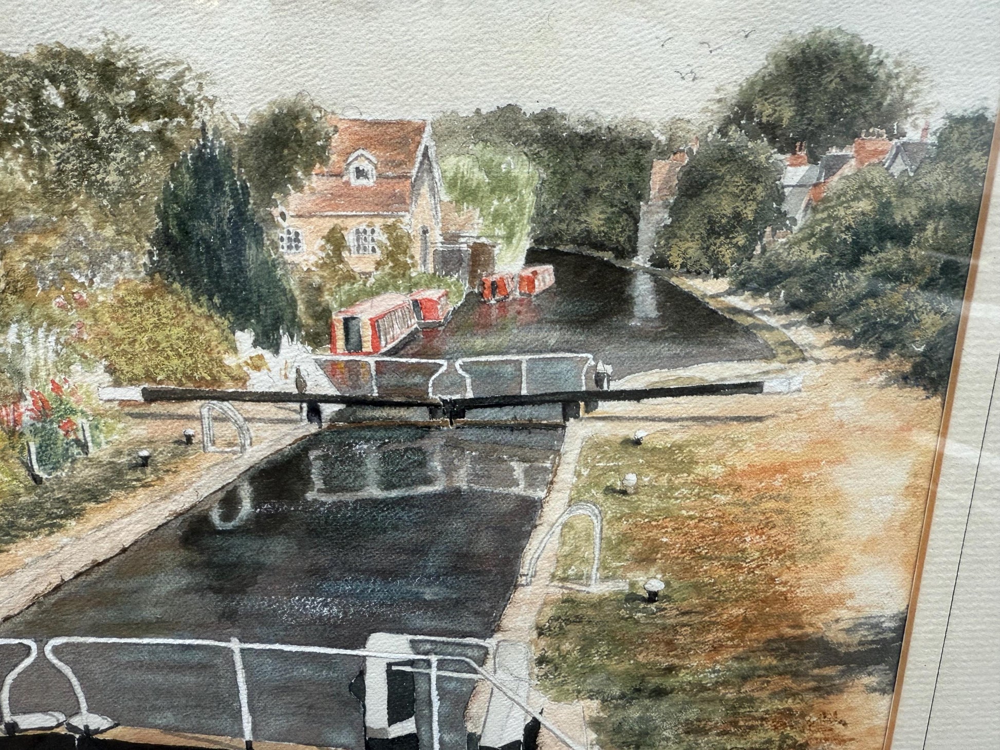 Framed Canal Lock Watercolour by Thelma Dudley, Signed 1996, English Cottage Scene with Narrowboats, Traditional Landscape Art