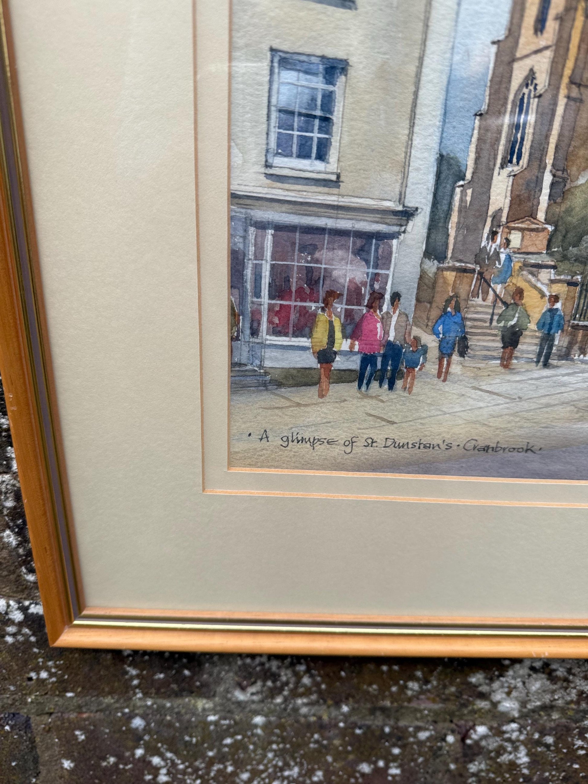 Framed Vintage Watercolour of St. Dunstan’s Church Cranbrook by John Hanson – Original Kent Street Scene, Signed, Charming Detail