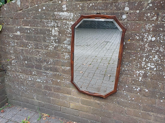 Antique Edwardian Octagonal Wall Mirror with Carved Oak Frame and Bevelled Glass 1910s Vintage Hall Mirror Period Arts & Crafts