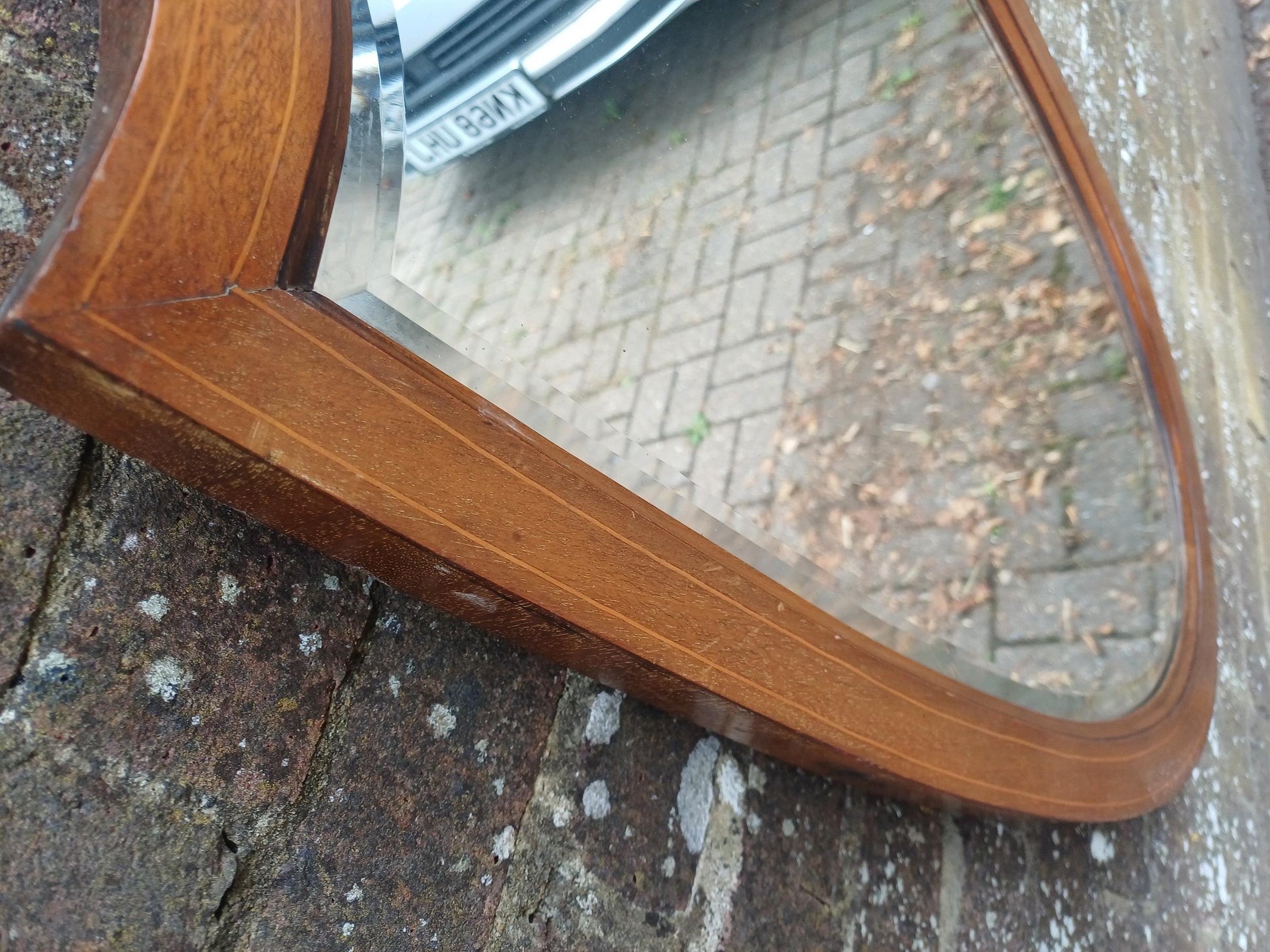 Vintage 1920s Shield Shaped Wall Mirror – Elegant Bevelled Glass & Inlaid Wood Frame – Former Early 20th Century Dressing Table Mirror