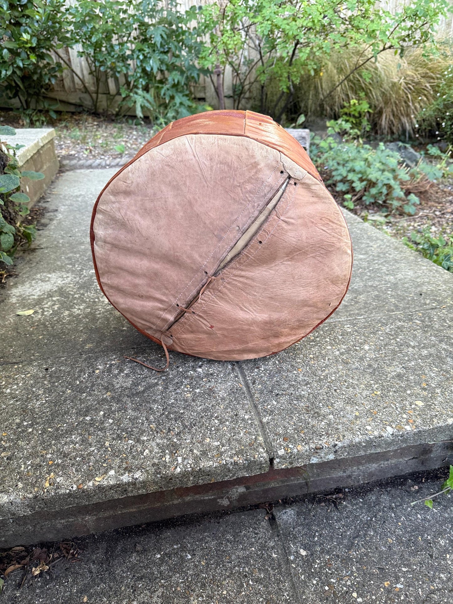 Vintage Leatherette Moroccan-Style Pouf – Embossed Tan Footstool with threaded Base, rustic and comfy