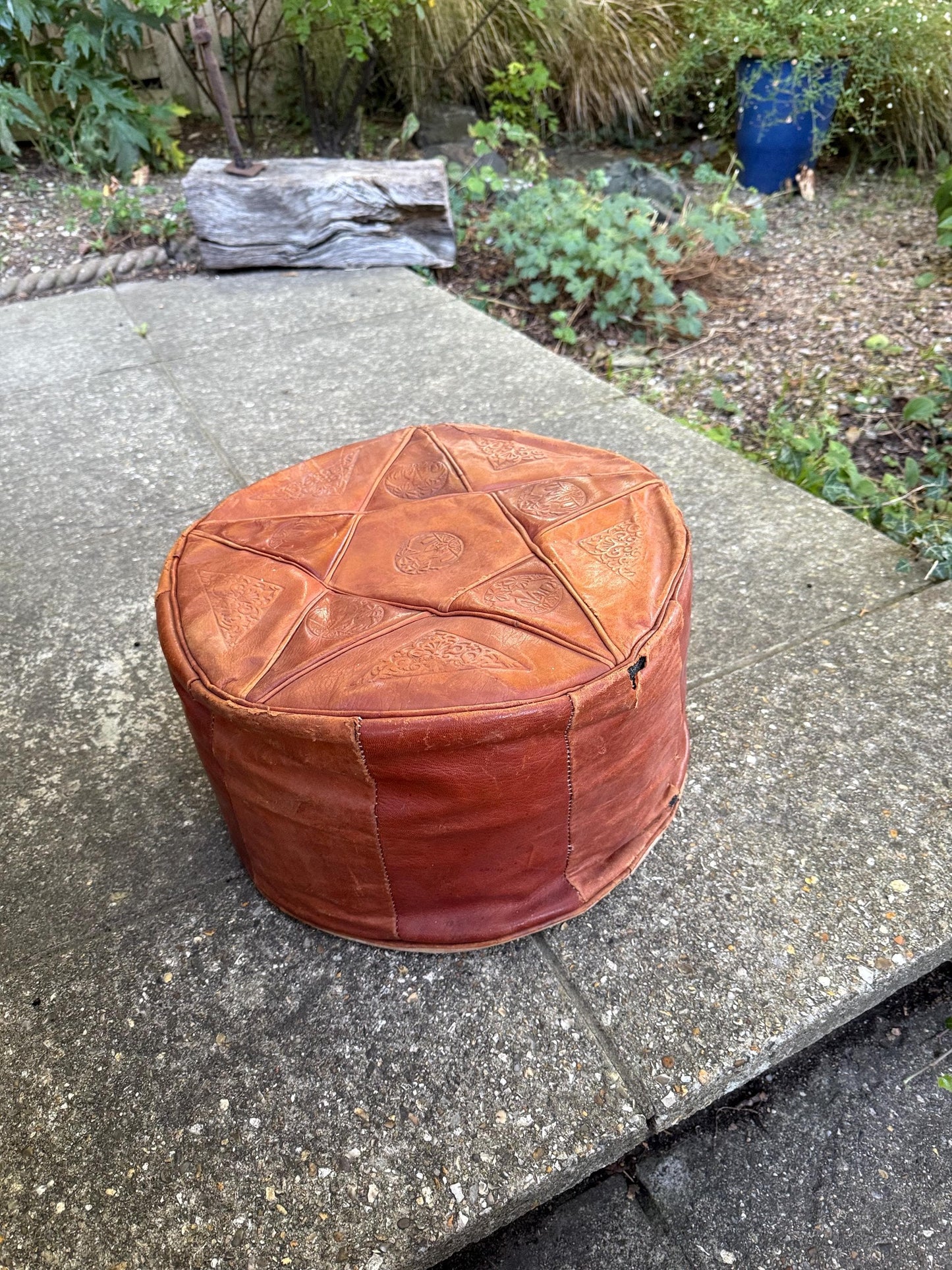Vintage Leatherette Moroccan-Style Pouf – Embossed Tan Footstool with threaded Base, rustic and comfy