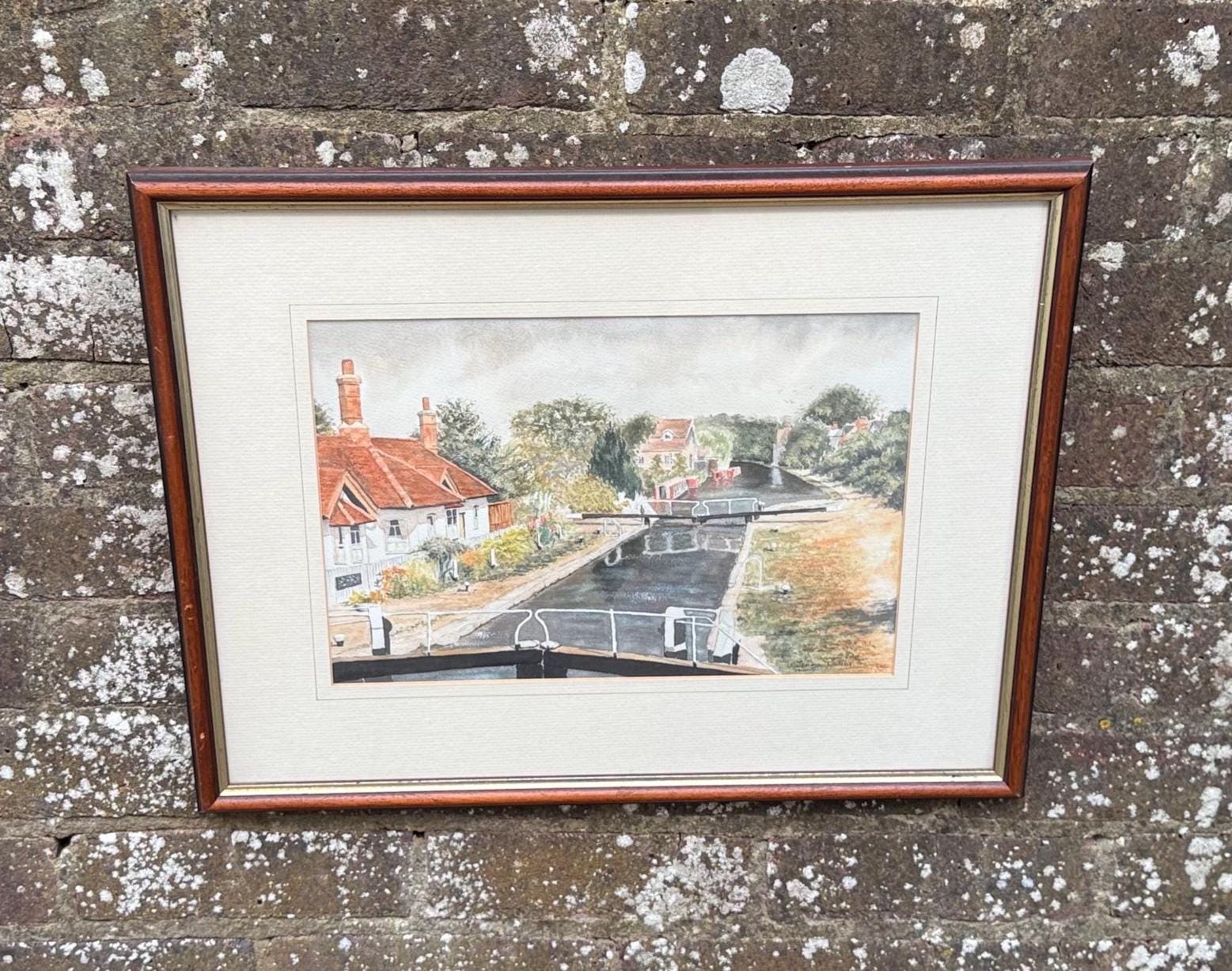 canal boat, canals watercolour, english waterways, 1990s watercolour by thelma dudley