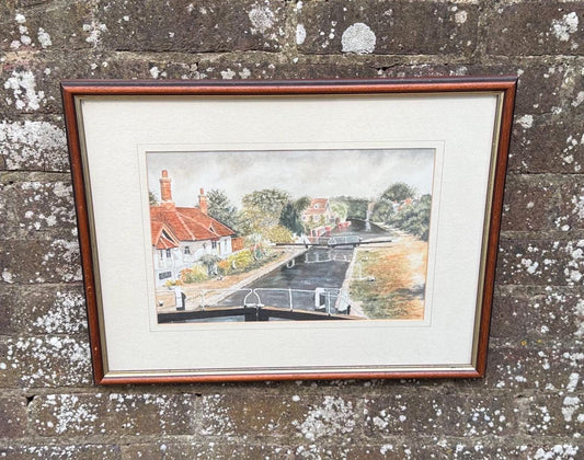 canal boat, canals watercolour, english waterways, 1990s watercolour by thelma dudley