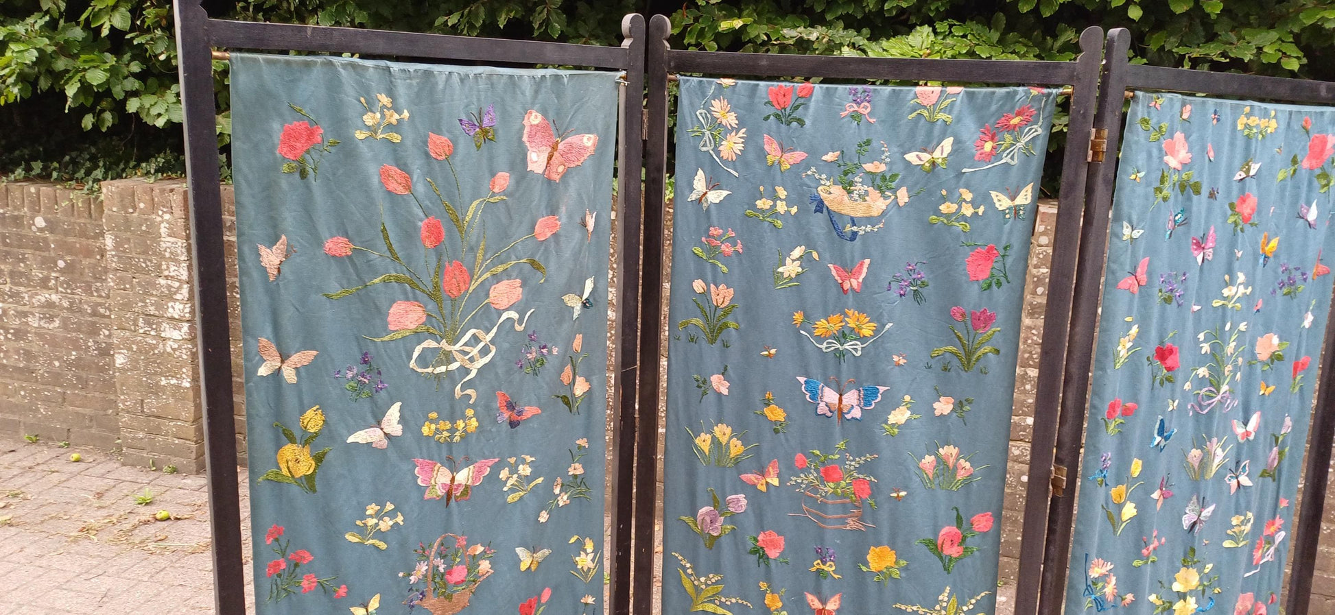 Massive Vintage Embroidered Folding Room Divider | Embroidered Screen with Floral and Butterfly Motifs Privacy Panel FREE HAND Delivery