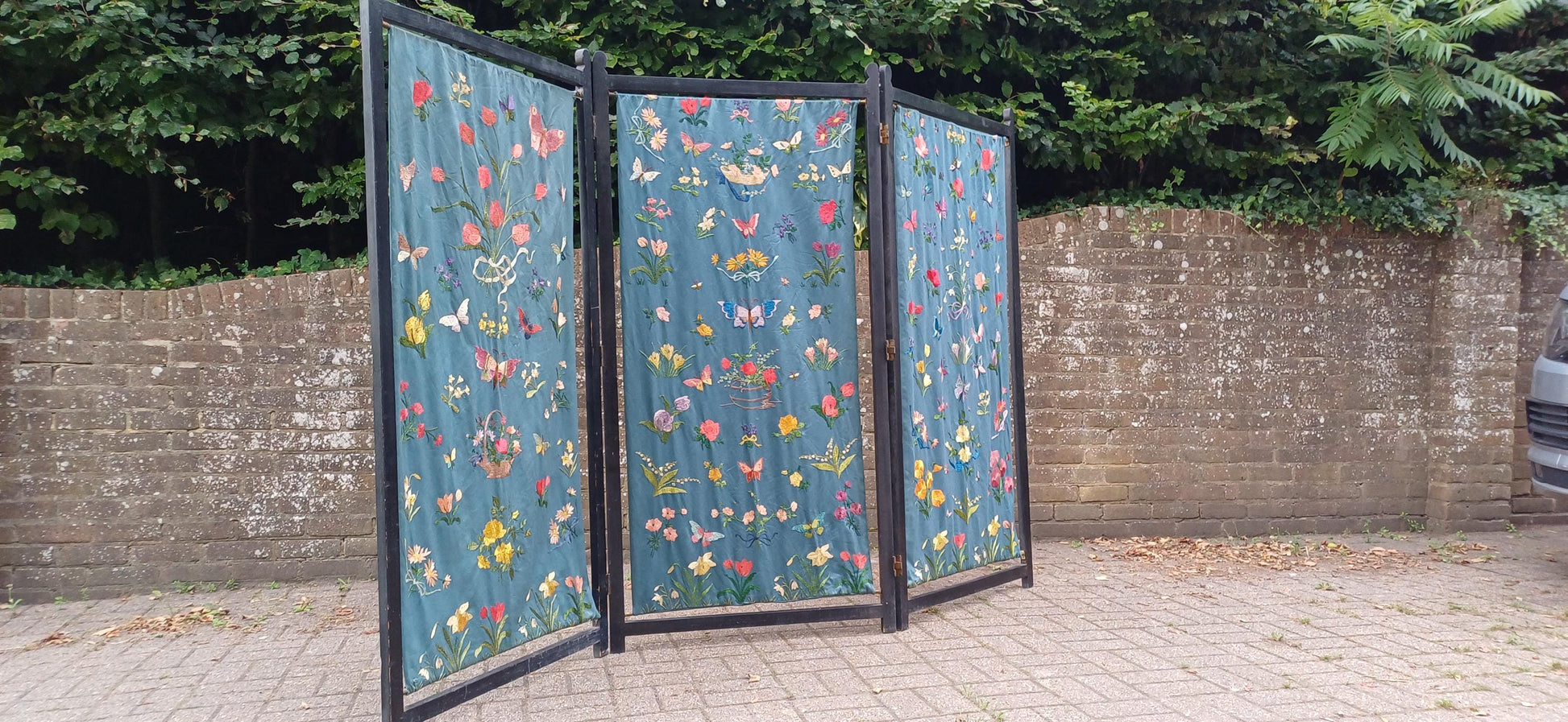 Massive Vintage Embroidered Folding Room Divider | Embroidered Screen with Floral and Butterfly Motifs Privacy Panel FREE HAND Delivery