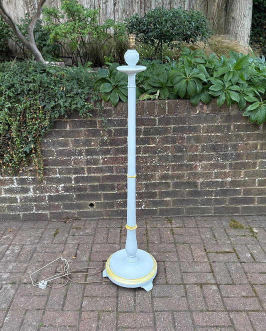 painted in farrow and ball eggshell. hand painted with some gold acrylic highlights. slight shabby chic finish. tall standard lamp. working and pat tested