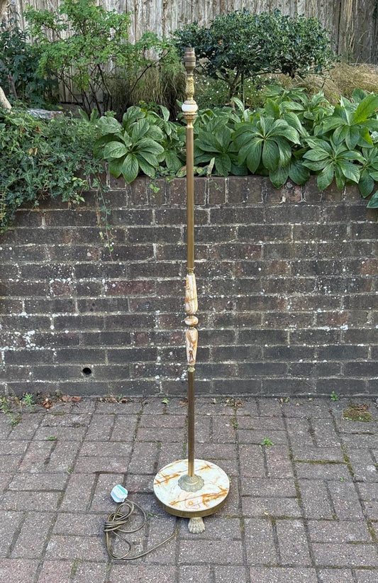 retro onyx and brass tall floor lamp, retro standard lamp . brass column and feet with onyx details and ornate brass detailing too. pat tested and working