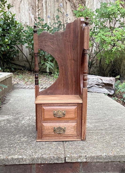 quality hardwood antique corner shelf unit - for wall hanging or sitting on a counter top. repurposed from a dressing table. lovely rustic wood with ornate carved sides, two small drawers.